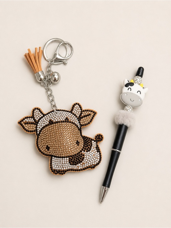 Accessories - Cute Cow Rhinestone Keychain and handmade beaded cow pen